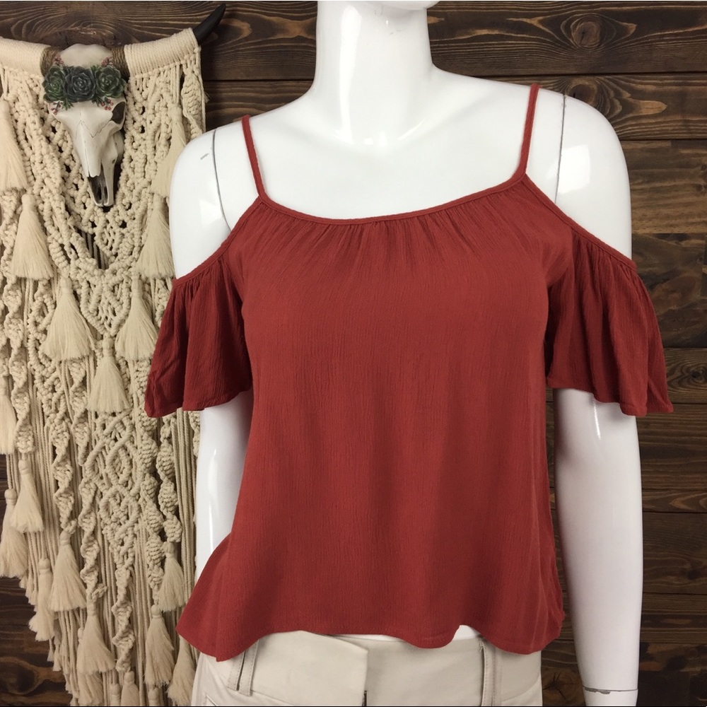 One‎ Clothing | Rust Cold Shoulder Blouse